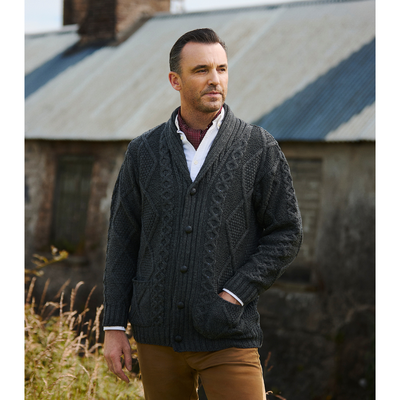 Men's Irish Aran Cable Knitted Button Cardigan - Charcoal